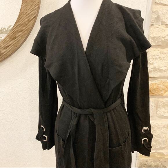 Dynamite Long Belted Cardigan Sweater Shawl Collar Black XS - Picture 3 of 6